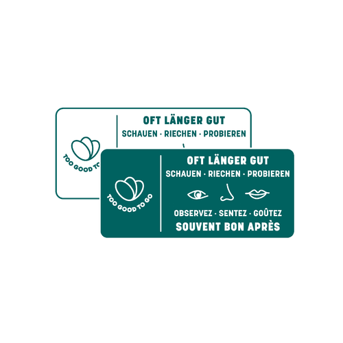 a sticker that says ' oft langer gut schauen riechen probieren ' on it