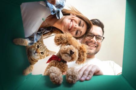 a man and woman are holding a dog and a cat in a box .