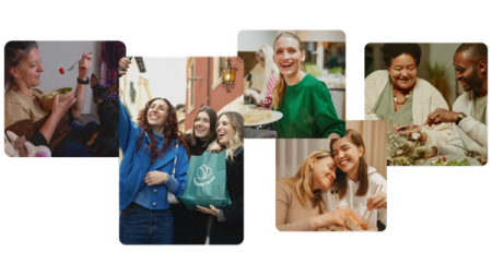 a collage of people including a woman holding a bag that says Too Good To Go on it