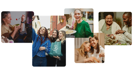 a collage of people including a woman holding a bag that says Too Good To Go on it