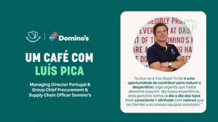 Graphic for "A Coffee with Luís Pica," Domino's Managing Director, featuring his photo and a quote about the Too Good To Go partnership.