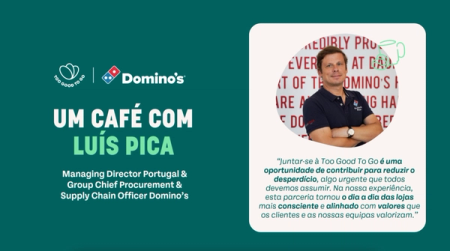 Graphic for "A Coffee with Luís Pica," Domino's Managing Director, featuring his photo and a quote about the Too Good To Go partnership.