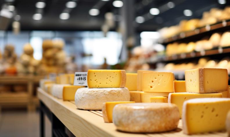 Various cheeses on display in a brightly lit store.