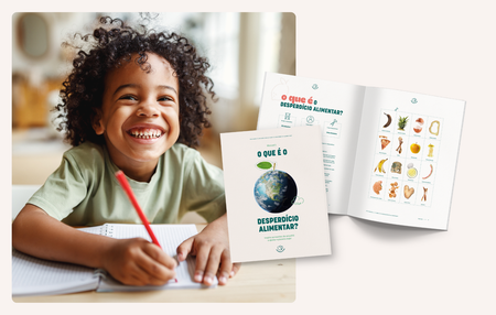 a child sitting at a desk with a book titled o que e o