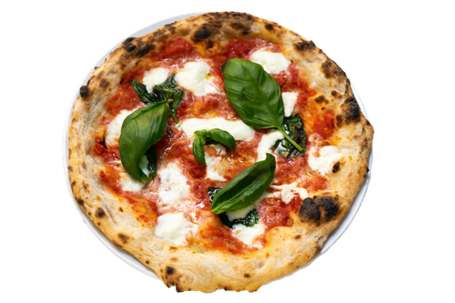 una pizza con pomodoro, mozzarella e basilico sopra