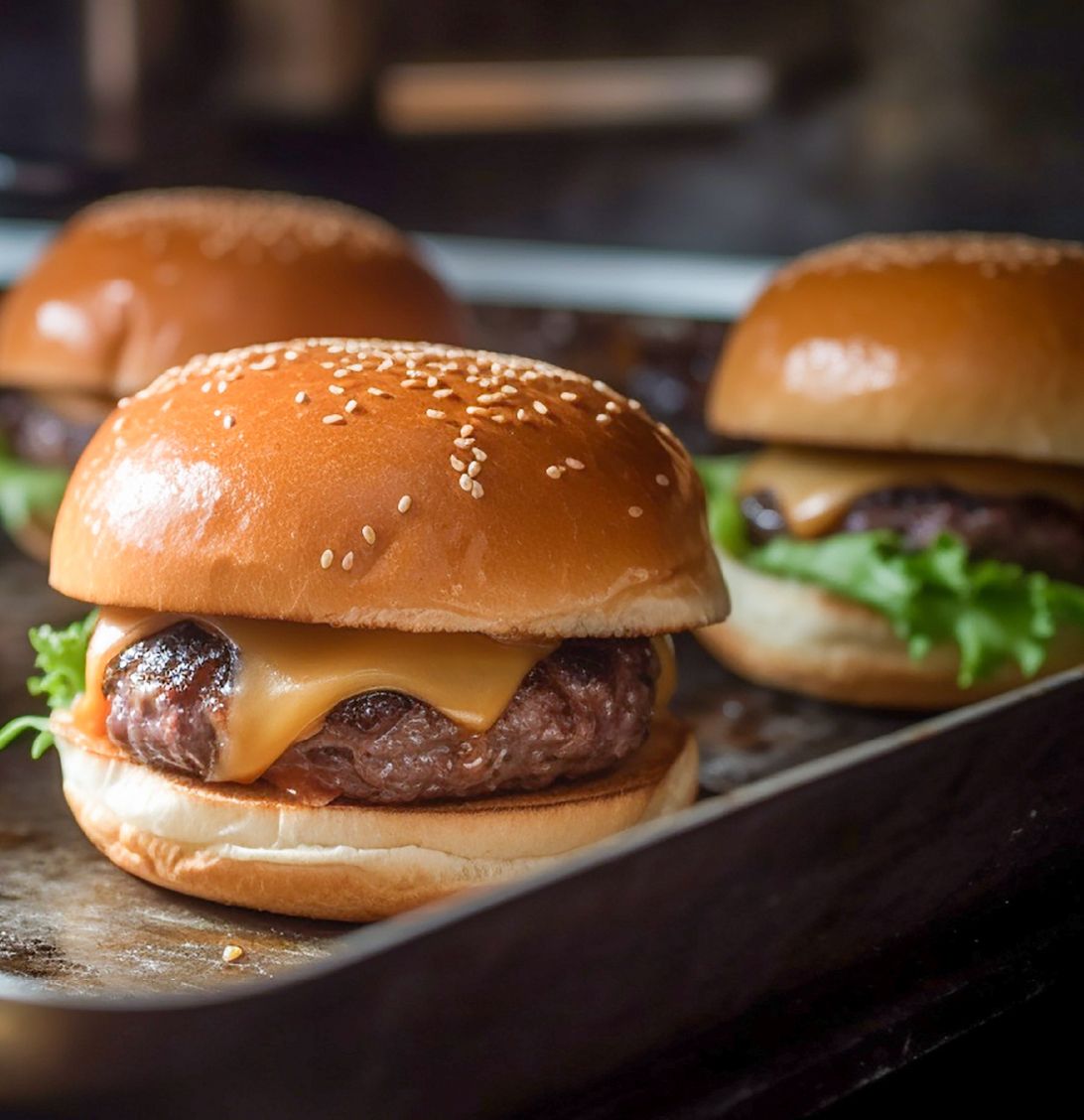 three hamburgers are sitting on a metal tray .