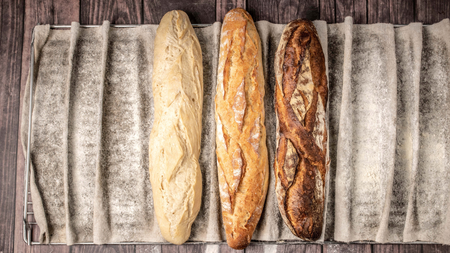 Three baguettes, light to dark, on a floured proofing cloth.