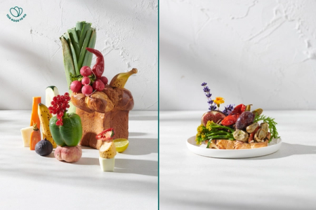 Divided image with fresh produce on the left and a colorful prepared toast on a white plate on the right.