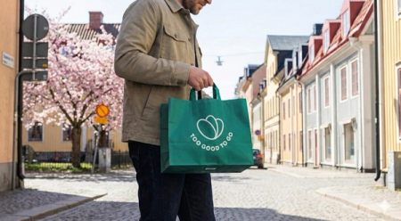 A person holds a green Too Good To Go bag on a cobblestone street with a cherry blossom tree and colorful buildings in the background.