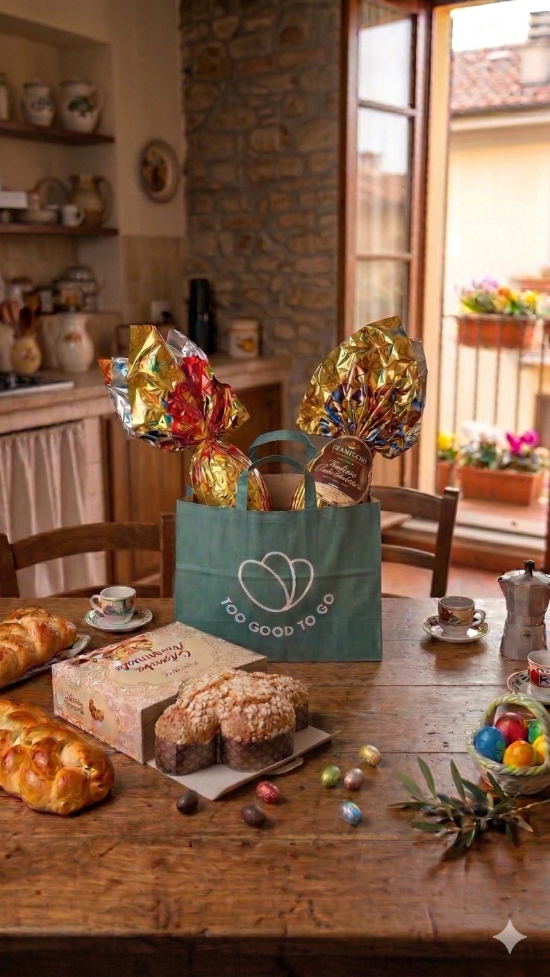 An Easter spread on a rustic wooden table featuring chocolate eggs, Colomba cake, braided bread, and a "Too Good To Go" bag.