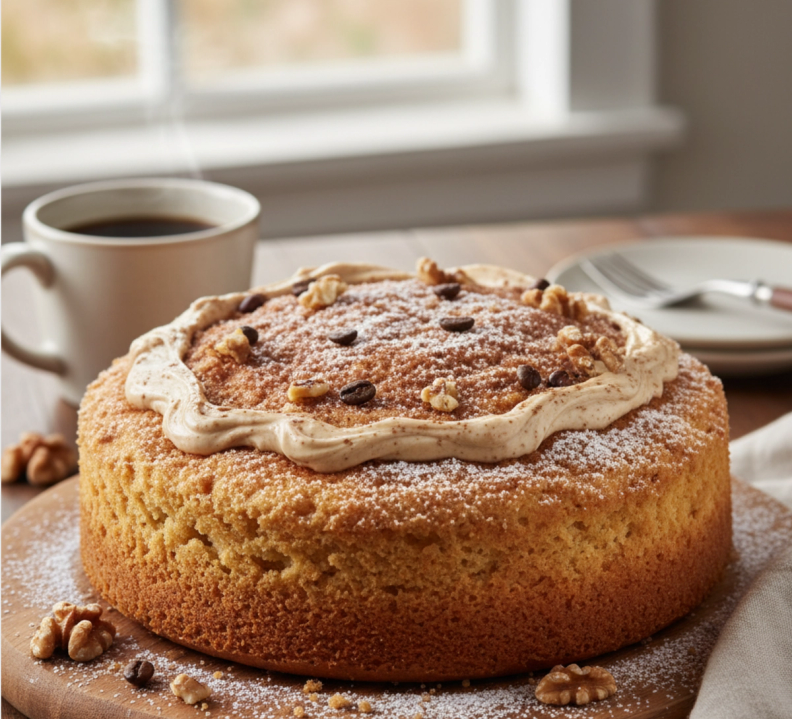 A coffee and walnut cake with powdered sugar and a frosting swirl, next to a steaming mug of coffee.