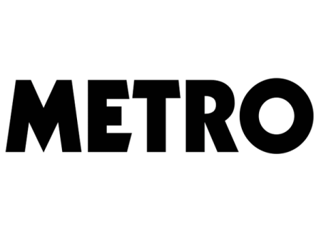 a black and white metro logo on a white background