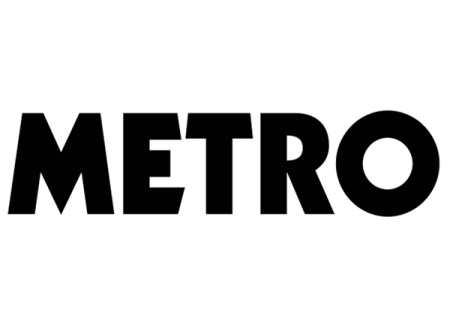 a black and white metro logo on a white background