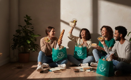 Four laughing friends on the floor with food from Too Good To Go bags.