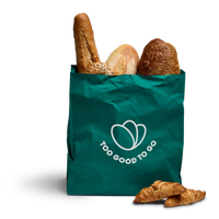 a green bag that says too good to go on it