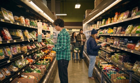 Shoppers browse the produce aisle in a brightly lit grocery store.