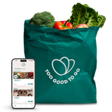 a phone next to a bag that says too good to go