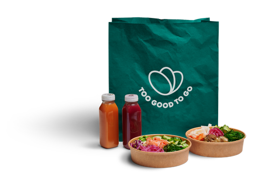 a green bag that says too good to go on it