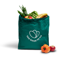 a green too good to go bag filled with fruits and vegetables