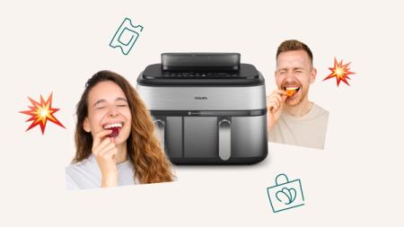 Two smiling people eating food next to a Philips air fryer, with promotional graphics.