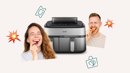 Two smiling people eating food next to a Philips air fryer, with promotional graphics.