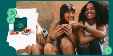 Three happy young women sharing pizza, with a Too Good To Go bag and food items.