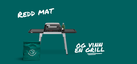 Teal image with a Weber portable grill on a stand, a green Too Good To Go bag, and Norwegian text "REDD MAT OG VINN EN GRILL" (Save Food and Win A Grill).