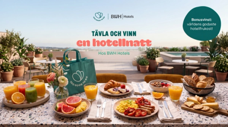 Outdoor hotel breakfast spread with juices, fruit, hot food, a Too Good To Go bag, and BWH Hotels logos, promoting a contest.