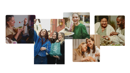a collage of people including a woman holding a bag that says ' Too Good To Go ' on it