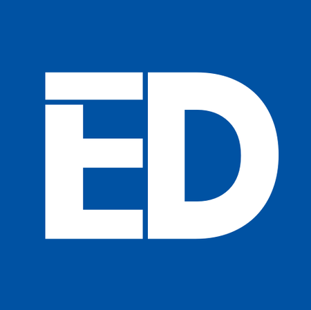White letters "ED" on a blue background.