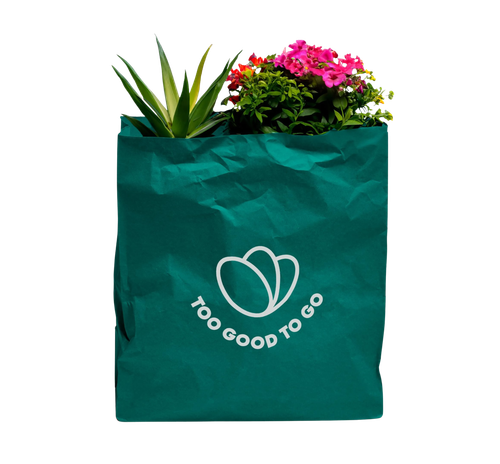 a green bag that says too good to go on it