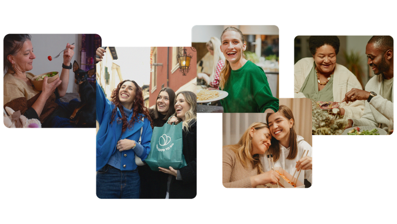 a collage of people including a woman holding a bag that says Too Good To Go on it