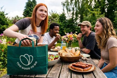 Friends share a garden picnic with food from a "Too Good To Go" bag.