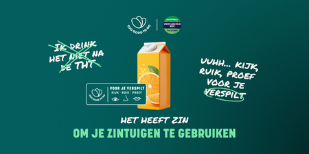 Afbeelding van een pak sap. Kijk, Ruik en Proef voor je verspilt