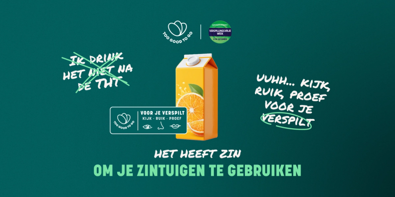 Afbeelding van een pak sap. Kijk, Ruik en Proef voor je verspilt