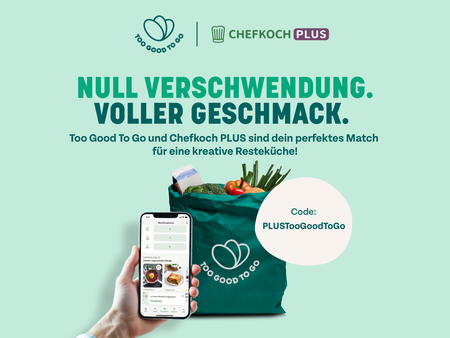 a person holding a cell phone in front of a bag of food that says chefkoch plus