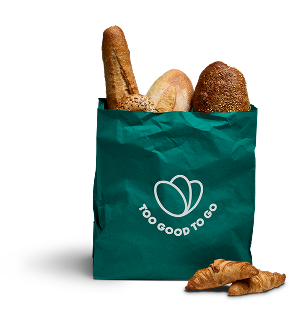 a green bag that says too good to go on it
