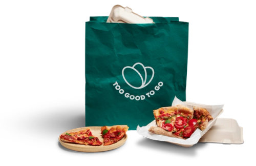 a green bag that says too good to go on it