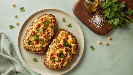 Two chickpea salad toasts, garnished with red bell pepper, parsley, and olive oil, on a light green plate.