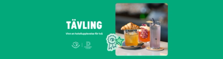 Text on green background: "TÄVLING" (CONTEST) "Vinn en hotellupplevelse för två" (Win a hotel experience for two). Logos for "Good to Go!" and "Downtown Camper". Photo of three colorful drinks, one topped with a croissant, on a bar.