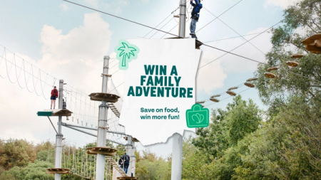 a sign that says win a family adventure on it