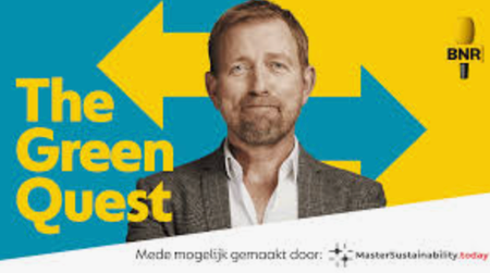 The Green Quest podcast cover with a man, opposing blue and yellow arrows, and the BNR logo.