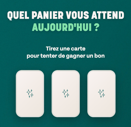 Three cards on a dark teal background with text: "Which basket awaits you today? Draw a card to try to win a voucher."