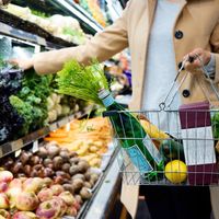 a person holding a shopping cart containing a lemon, a water bottle and other grocery items, picking up greens from the supermarket shelves