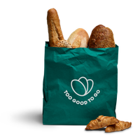 a green bag that says too good to go on it