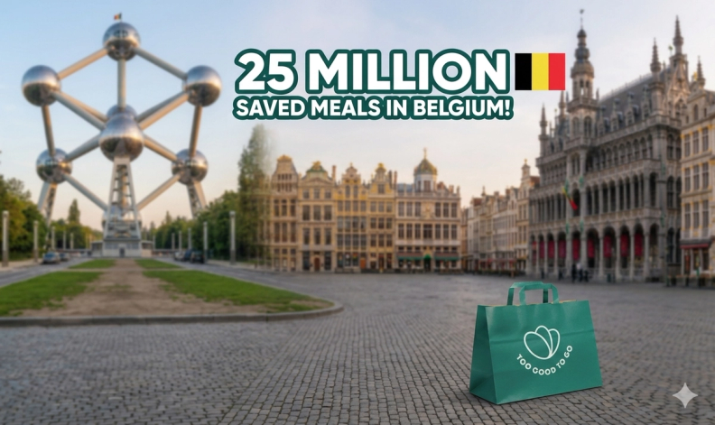 Green 'Too Good To Go' bag on a cobblestone square in Brussels, with the Atomium and historic buildings. Text reads '25 Million Saved Meals in Belgium!' alongside a Belgian flag.