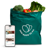 a phone next to a bag that says too good to go