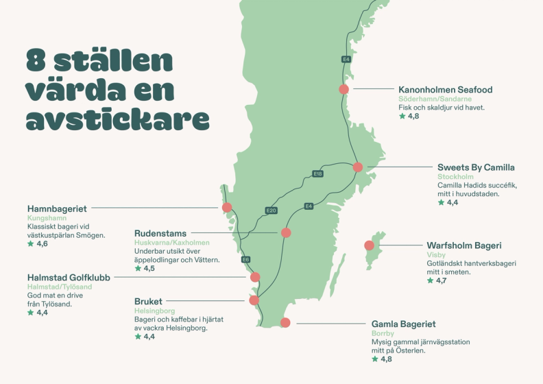 Map of Sweden highlighting 8 notable locations for a detour, with descriptions and ratings.