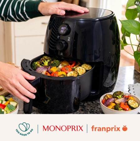 A person places a basket of roasted vegetables into a black air fryer, set to 180°C.