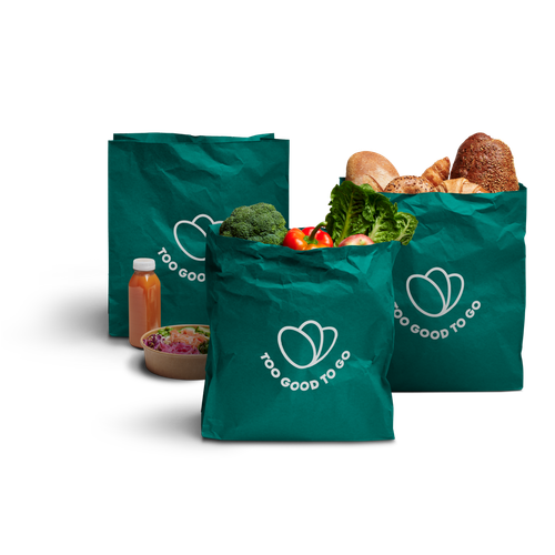 three green bags with too good to go written on them